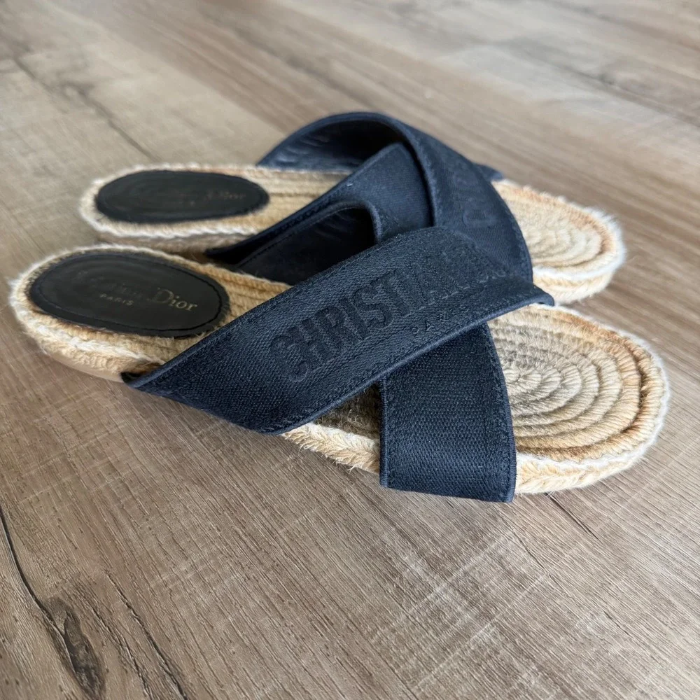 Christian Dior D-Way Espadrille Slides Black Canvas Cross Strap Sandals 37.5